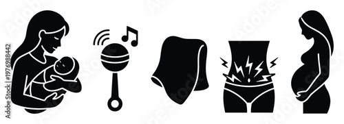 Motherhood journey glyph icons showing newborn baby care elements like rattle blanket and pregnancy symptoms stomach pain for health and parenting designs
