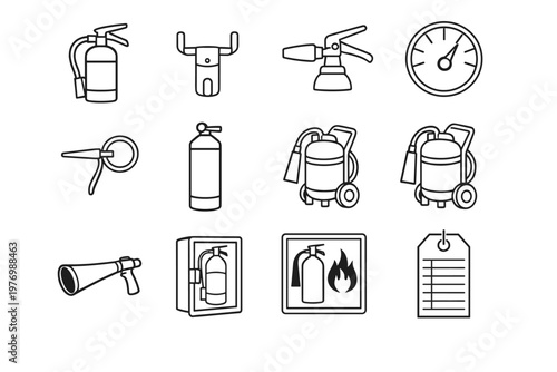 Extinguisher gauge generation portable wall simple inspection image hose safety vector pin