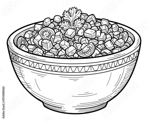 Engaging line sketch depicting a flavorful fresh diced food blend in a rustic bowl, excellent for use in kitchen decor, restaurant branding, and recipe instructional materials