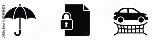 Essential icons for protection, data security, and vehicle safety, featuring an umbrella, a locked document, and a car on a trampoline, suitable for insurance, risk management, and privacy