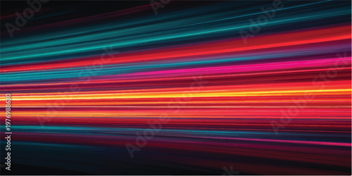 A bright abstract background features a vibrant rainbow pattern of colorful horizontal stripes and blurred motion lines for a modern vector art wallpaper design