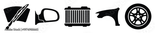 Collection of essential automotive components including windshield wiper, side mirror, air filter, fender, and wheel, useful for car repair service advertisements and vehicle maintenance
