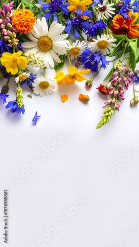 A vibrant array of colorful wildflowers, including daisies, cornflowers, and marigolds, on a white background