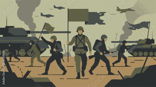 War scene with soldiers, tanks, and fighter jets in a minimalist style