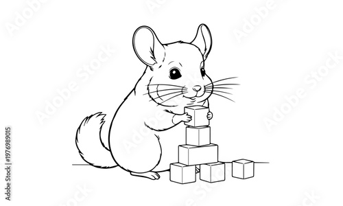 A charming illustration depicts a chinchilla playfully stacking building blocks. Coloring page, Black and White Line Art Printable for Kids and Adults