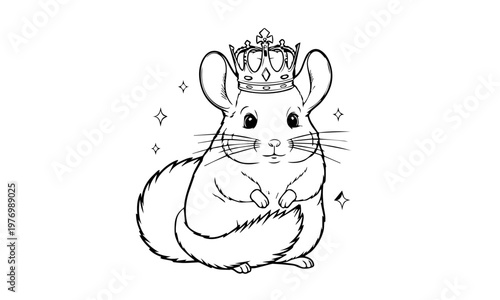 A charming illustration of a chinchilla wearing a regal crown and sparkling stars.Coloring page, Black and White Line Art Printable for Kids and Adults