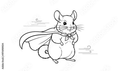 A charming chinchilla superhero stands proudly cape flowing in the wind. Coloring page, Black and White Line Art Printable for Kids and Adults