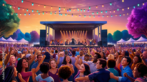 Vibrant Outdoor Concert Scene at Dusk with Large Crowd and Stage Lights