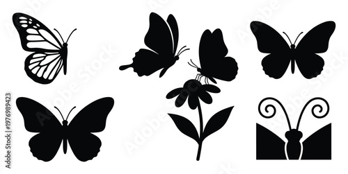 Collection of elegant butterfly silhouettes showcasing different flying and resting positions, perfect graphic resources for nature themed projects and ornamental decoration