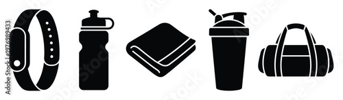 Essential fitness and sports accessories icons collection featuring a smart band, water bottle, folded towel, protein shaker bottle, and gym bag, ideal for health and exercise related