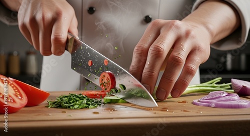 Hands Cutting Vegetables On Wooden Board