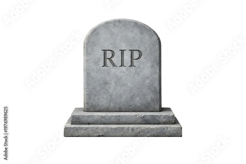 Stone tombstone with engraved RIP letters isolated on black background, symbolic concept of death, mourning, cemetery memorial, and Halloween spooky design element