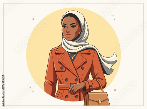 Elegant Muslim Woman in Modern Modest Fashion Wearing a Trench Coat and Hijab Vector Illustration