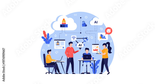 Team of people collaborating with AI technology and data analysis in a digital environment