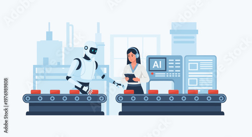 Robot and human worker collaborating on an automated factory production line with AI technology