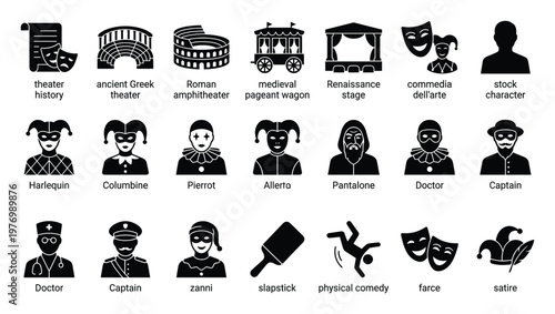 Comprehensive collection of theater history, performance stage, and commedia dellarte character glyphs providing visual assets for educational materials, historical presentations, and