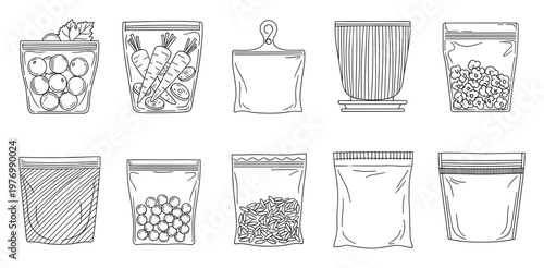 Collection of hand drawn reusable plastic food storage bags with various products perfect for kitchen organization grocery shopping and healthy lifestyle concepts