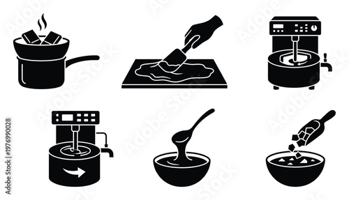 Food preparation process icons showing chocolate melting in a double boiler, tempering with a spatula, conching machine operation, pouring liquid, and adding ingredients for confectionery