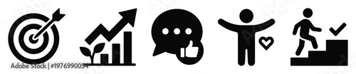 Essential collection of business success and personal development vector icons illustrating goal achievement, continuous growth, positive feedback, community support, and steady progress