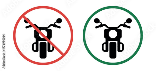 Motorcycle traffic sign icons vector set showing allowed and prohibited areas for road safety, regulation, and transportation graphic design