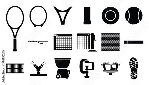 Comprehensive collection of tennis equipment silhouettes for athletic sports graphics professional training applications and competitive game illustrations