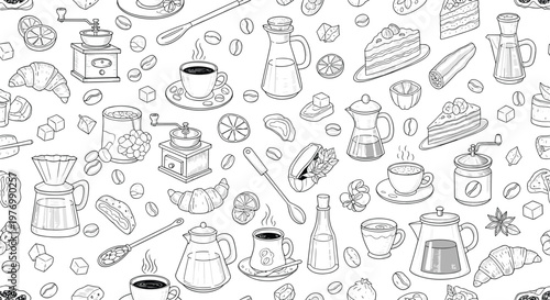 Coffee culture comes alive in this intricate black and white seamless pattern of cafe items, beans, and delicious pastries.