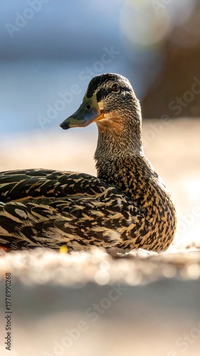 A side profile close-up of a brown duck resting on a blurred sandy surface with sunlight highlighting the feathers