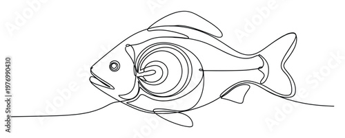 Continuous line drawing of an elegant fish with swirling details, perfect for modern aquatic branding, marine life projects, or minimalist graphic design applications.
