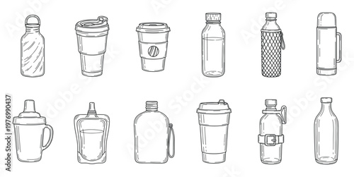 Diverse range of various drink containers such as water bottles coffee travel mugs and thermoses suitable for promoting eco friendly lifestyle outdoor activities and sustainable choices
