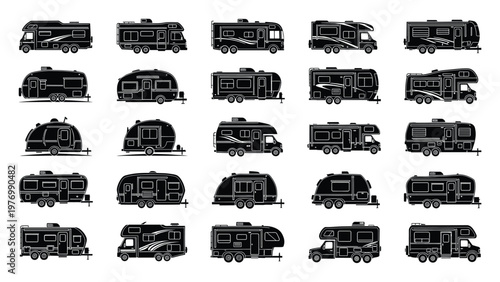 A comprehensive collection of diverse recreational vehicle silhouettes and travel trailer icons perfect for outdoor adventure brochures, camping guides, and mobile home lifestyle graphics