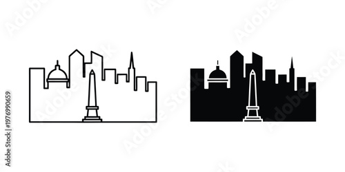 Two set city skyline with obelisk and domed building, black and white