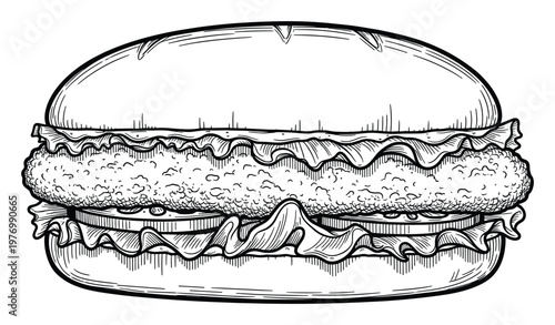 Classic hand drawn black and white engraving style fried patty sandwich with lettuce and tomato on a bun ideal for food menus recipe books or cooking publication designs