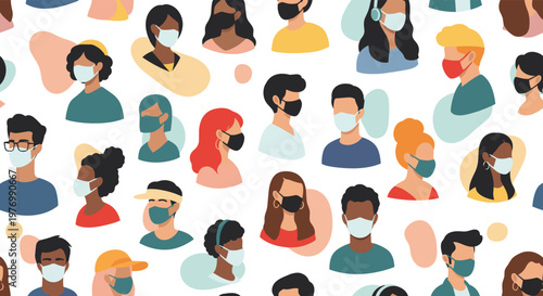 Diverse group of people prioritize safety by wearing different colored face masks in this modern social pattern.