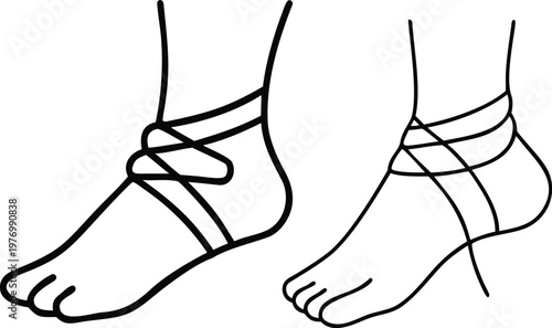 Outline of feet wearing gladiator sandals, simple black line art on transparent background.
