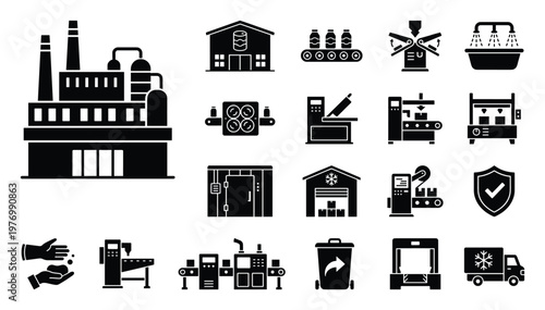 Comprehensive set of industrial manufacturing process glyphs covering production lines, food processing, packaging, logistics, quality control, and hygiene suitable for various professional