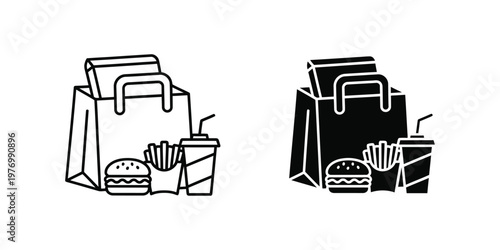 Two set fast food takeout meal with paper bag, burger, fries, and drink