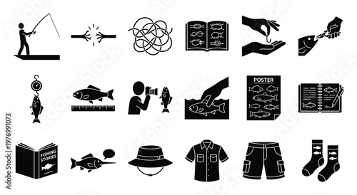 Comprehensive collection of fishing related glyph icons depicting various angler activities, essential fishing gear, and helpful instructions, perfect for outdoor hobby guides, sports