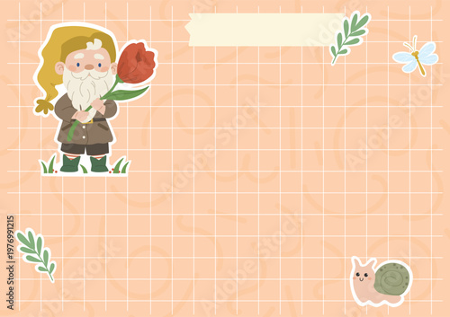 Note sheet with a gnome. A children's planner for organizing with a magical character dwarf. Template for task lists, goals setting and planning