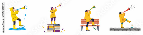 Collection of flat vector illustrations of children in yellow raincoats and boots playing horns in various playful outdoor scenes.