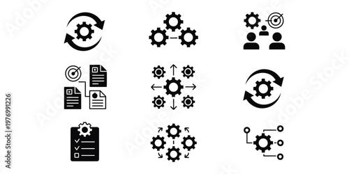 Gear and cog operation icon collection, vector set, including wheel symbols, business workflow, process automation, industrial systems, and productivity optimization concept, suitable for apps, UI.