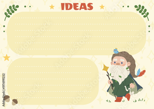A template for jotting down ideas with a fairy tale character. A children's planner for organizing with a dwarf or gnome. Layout for planning, reminders and goal setting