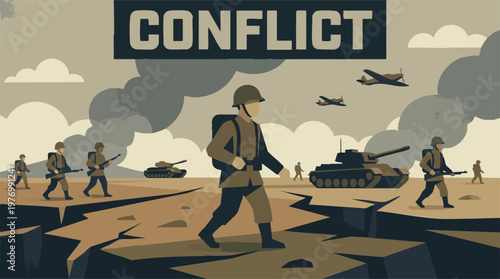 War scene illustration with soldiers, tanks, planes, and 'CONFLICT' banner