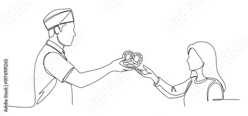 Male server in a uniform cap extending a delicious pretzel to a female customer, representing friendly hospitality and food sharing, perfect for food industry advertisements and