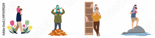 Flat vector illustrations showing a father carrying his child on his shoulders across different seasons, including spring, autumn, home, and summer activities.