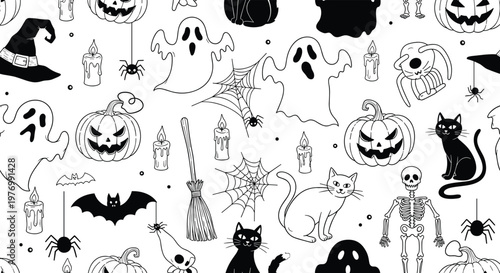 Spooky Halloween icons like ghosts, pumpkins, and bats come together in this fun black and white line art seamless pattern.