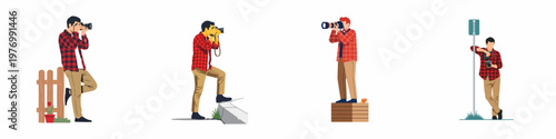 Collection of flat vector illustrations depicting a male photographer in a red plaid shirt and khaki pants in various active poses with a camera.