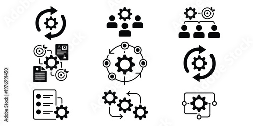Gear and cog operation icon collection, vector set, including wheel symbols, business workflow, process automation, industrial systems, and productivity optimization concept, suitable for apps, UI.