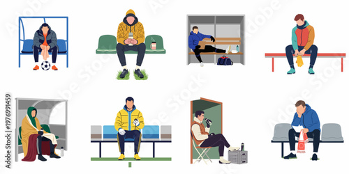Collection of flat vector illustrations depicting soccer players and substitutes sitting on the bench in cold weather, wearing warm winter sports clothing.