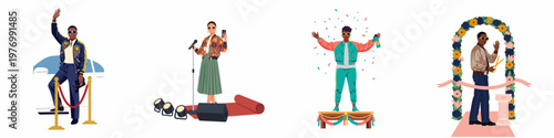 Set of flat vector illustrations featuring diverse people in celebrity-like scenarios including red carpet events, grand openings, and stage performances.