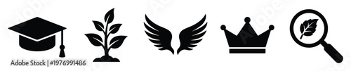 Universal black icon set representing academic achievement, organic growth, soaring freedom, royal success, and insightful discovery, perfect for educational initiatives, ecological